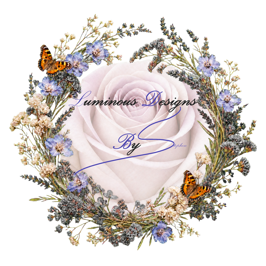 Luminous Designs By Stephen signature framed by the official rose and botanical wreath emblem