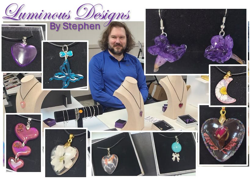Collage of Luminous Designs jewelry and keepsakes with Stephen at his market display